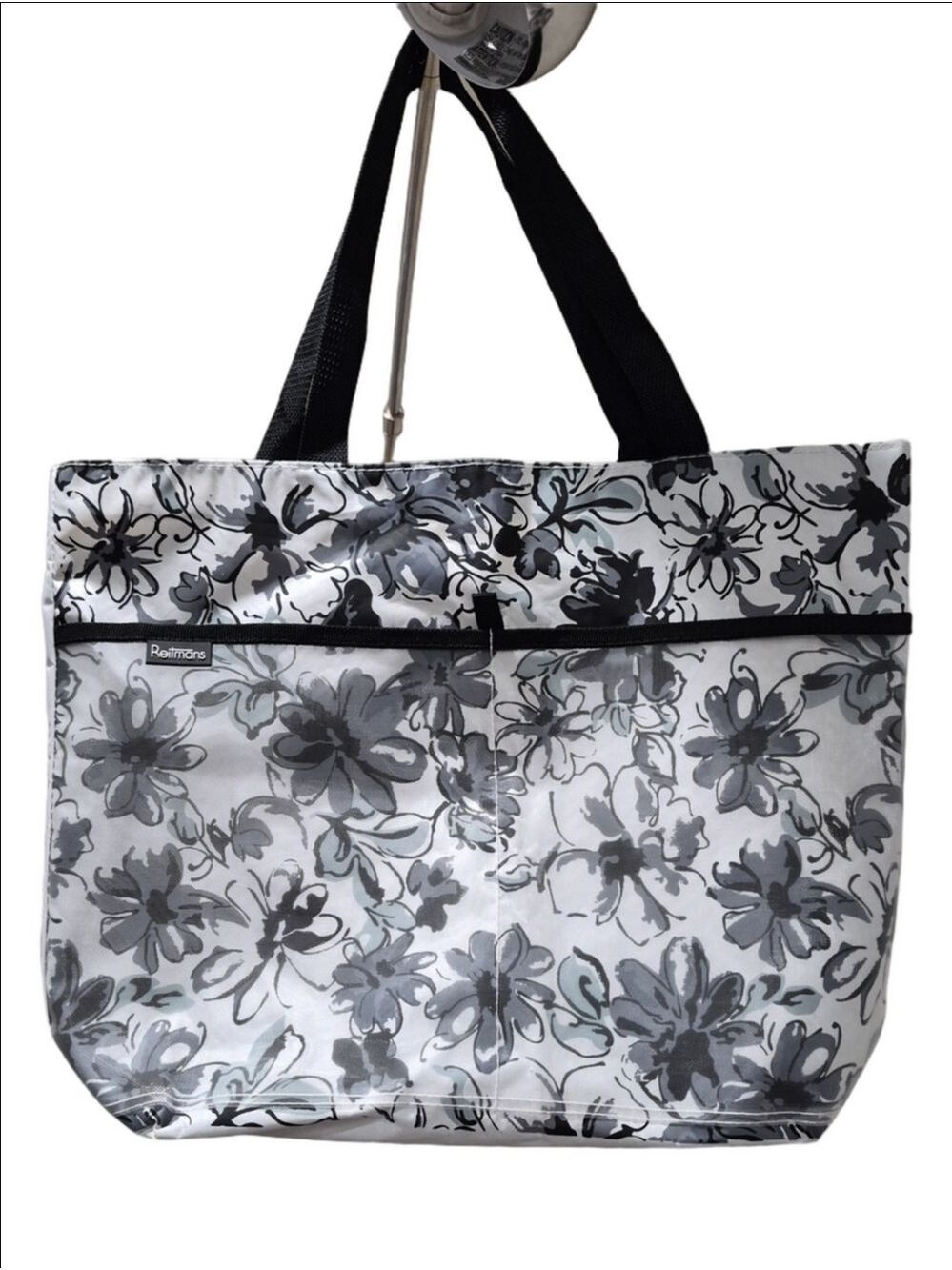 Reitmans Floral Canvas Tote Bag – Black, Grey, & White Pattern with Front Pocks